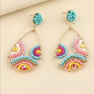 Handmade Boho Colorful Glass Seed Bead Teardrop Gold Earrings